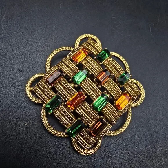 Florenza Fall Color Rhinestone Brooch Basket Weave Gold Tone Vintage Jewelry - Picture 7 of 10